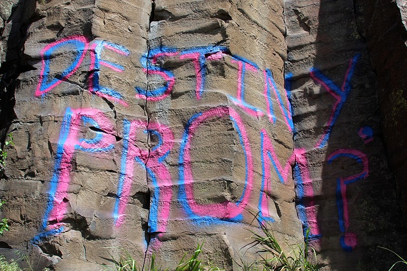 This May 5, 2015 file photo provided by the Ada County Sheriff's office shows a message "Destiny, Prom?" painted in large pink and blue letters on the side of the Black Cliffs east of Boise. 