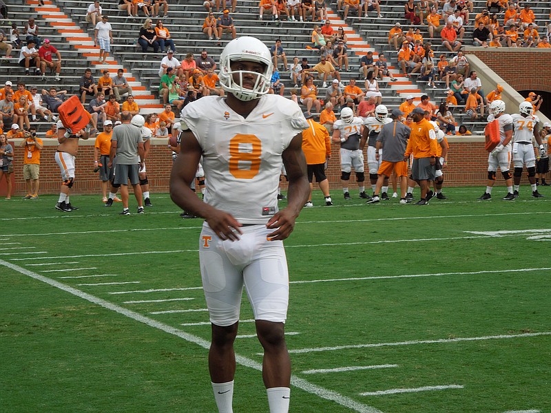 Tennessee wide receiver Marquez North looks on during the Vols' open practice at Neyland Stadium on Aug. 15, 2015.