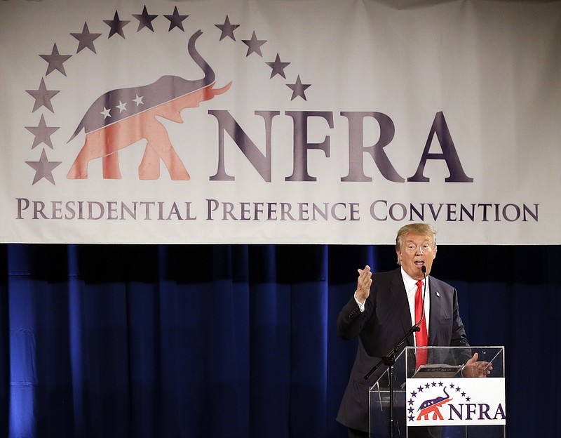 Republican presidential candidate Donald Trump speaks at the National Federation of Republican Assemblies on Saturday, Aug. 29, 2015, in Nashville, Tenn. Trump was courting tea party voters at the conference. 