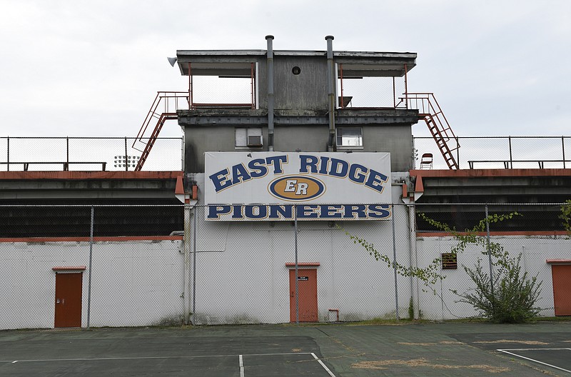 Seen Sunday, Aug. 30, 2015, in East Ridge, Tenn., Raymond James Stadium at East Ridge High School has been closed down due to structural problems with the home bleachers. The East Ridge football team moved last Friday's home game to the Baylor football stadium.  
