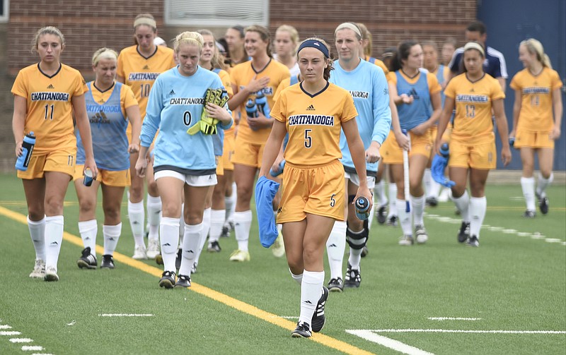 Senior Skylar Brewer (5) leads the way as the UTC women's soccer team takes the field for the second half of Sunday's home game against Elon. The Mocs lost 2-0, giving up both goals in the second half as they fell to 0-3 in coach Gavin McKinney's first season.