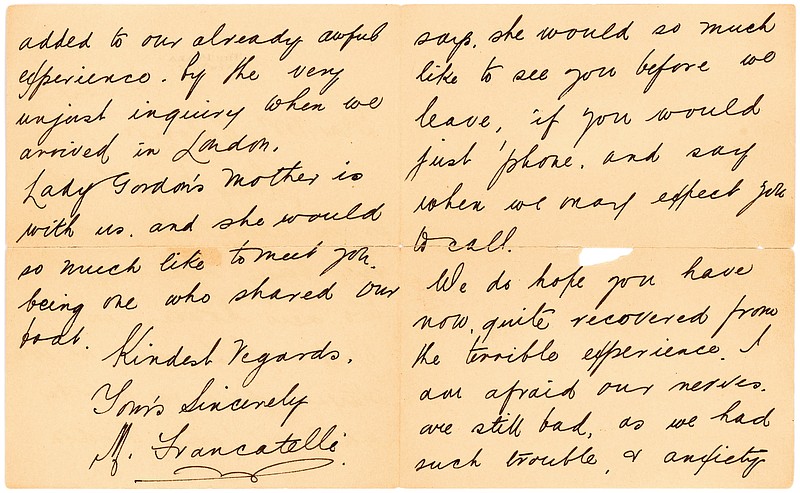 
              This undated photo provided by Lion Heart Autographs shows a letter by one of the survivors of the sinking of the Titanic written six months after the disaster, which could fetch $4,000 to $6,000. The letter - saved by a fellow passenger who climbed aboard the so-called “Money Boat” before the ocean liner went down - will be sold by Lion Heart Autographs, along with two other previously unknown artifacts from Lifeboat 1 on Sept. 30, 2015. The auction marks the 30th anniversary of the wreckage’s discovery at the bottom of the Atlantic Ocean. (Lion Heart Autographs via AP)
            