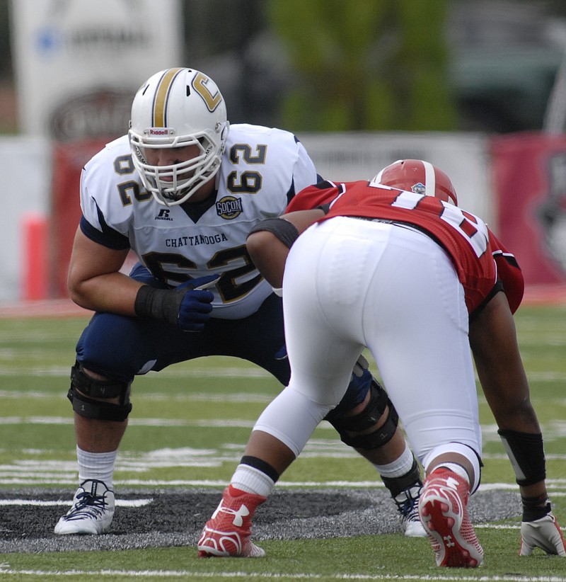Mocs offensive lineman Corey Levin lines up for the play.  The UTC Mocs visited the Austin Peay State University Governors in the inaugural game of their new Governors Stadium.