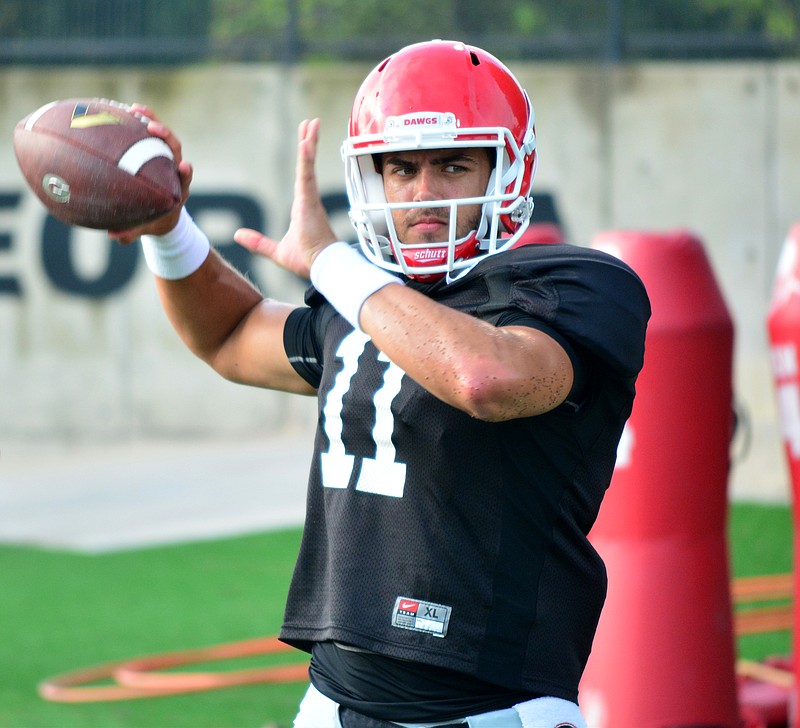 Georgia quarterback Greyson Lambert (11) during the Bulldogs' session on the Woodruff Practice Fields on Tuesday, Aug. 11, 2015, in Athens, Ga. (Photo by Steven Colquitt)