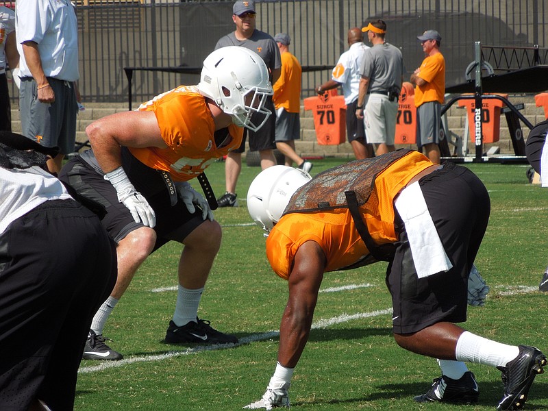 Tennessee linebacker Colton Jumper waits for the ball to be snapped during a punt drill during the Vols' practice on Aug. 21, 2015.