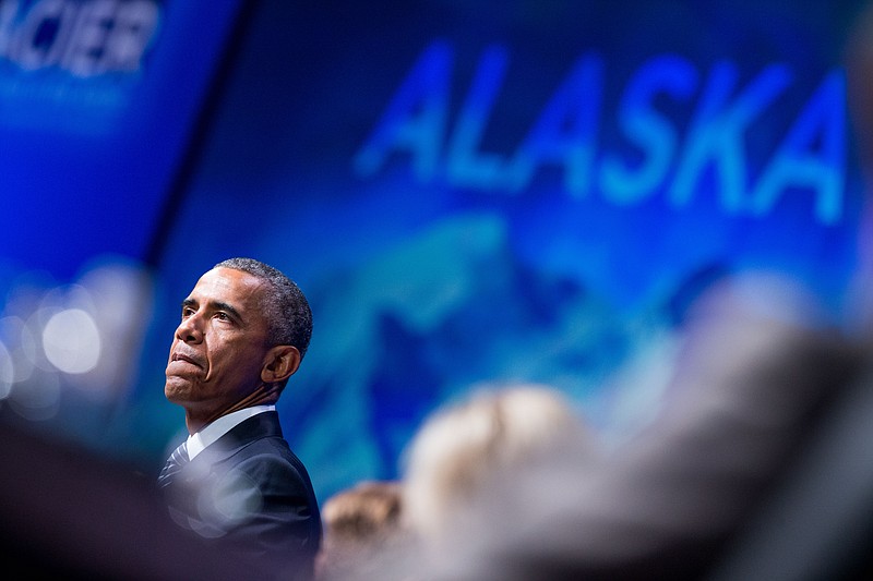 
              President Barack Obama speaks at the Global Leadership in the Arctic: Cooperation, Innovation, Engagement and Resilience (GLACIER) Conference at Dena’ina Civic and Convention Center in Anchorage, Alaska, Monday, Aug. 31, 2015. Obama opened a historic three-day trip to Alaska aimed at showing solidarity with a state often overlooked by Washington, while using its changing landscape as an urgent call to action on climate change. (AP Photo/Andrew Harnik)
            