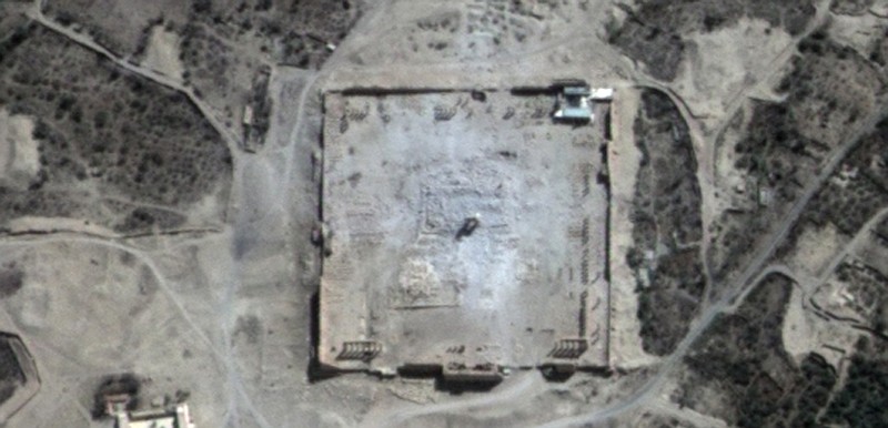 This Monday, Aug. 31, 2015, satellite image provided by UNITAR-UNOSAT shows damage to the main building of the ancient Temple of Bel in the Palmyra, Syria.