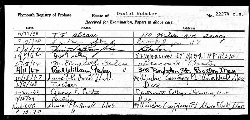 
              This undated public document from Massachusetts probate records provided by ancestry.com, shows a portion of Daniel Webster's will. A three-year digitization project by the genealogical research firm will make available online, starting Wednesday, Sept. 2, 2015, wills and probate records of about 100 million Americans from the Colonial era to the beginning of the 21st century. (Massachusetts Probate Records/ancestry.com via AP)
            