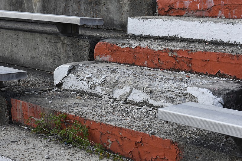 Crumbling concrete is seen at Raymond James Stadium at East Ridge High School on Monday, Aug. 31, 2015, in East Ridge, Tenn. 