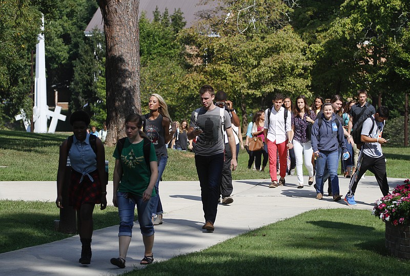 Students leave Rudd Auditorium after chapel on Bryan College's campus in Dayton, Tenn., in this August 2014 photo.