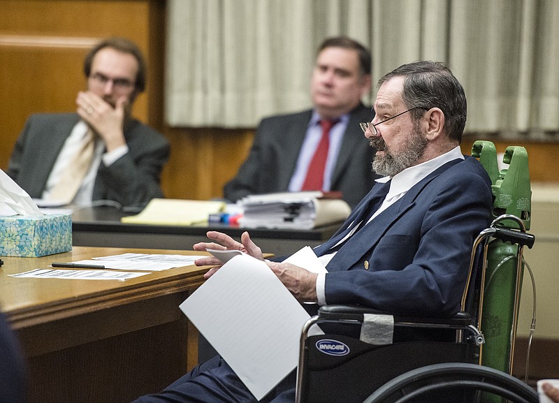 
              Frazier Glenn Miller Jr., right, asks questions before the jury is brought in during the penalty phase of his murder trial, Tuesday, Sept. 1, 2015, at the Johnson County Courthouse in Olathe, Kan. Jurors, who convicted the white supremacist on Monday of killing three people at Jewish sites in suburban Kansas City in August 2014, will begin hearing more evidence Tuesday before deciding whether to recommend a death sentence. (Allison Long/The Kansas City Star via AP, Pool)
            
