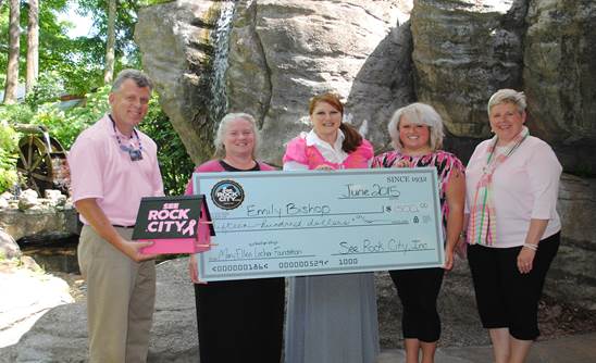 From left are Jeff Raabe, director of operations for See Rock City Inc.; Melissa Griggs, Rock City director of attractions revenue; Meagan Jolley, Rock City public relations manager; Emily Bishop, scholarship recipient; and Cindy Pare, MaryEllen Locher Foundation administrator.