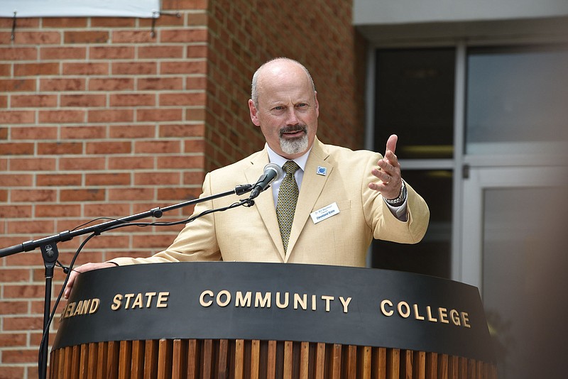 Dr. Bill Seymour, president of Cleveland State Community College, speaks on May 12.