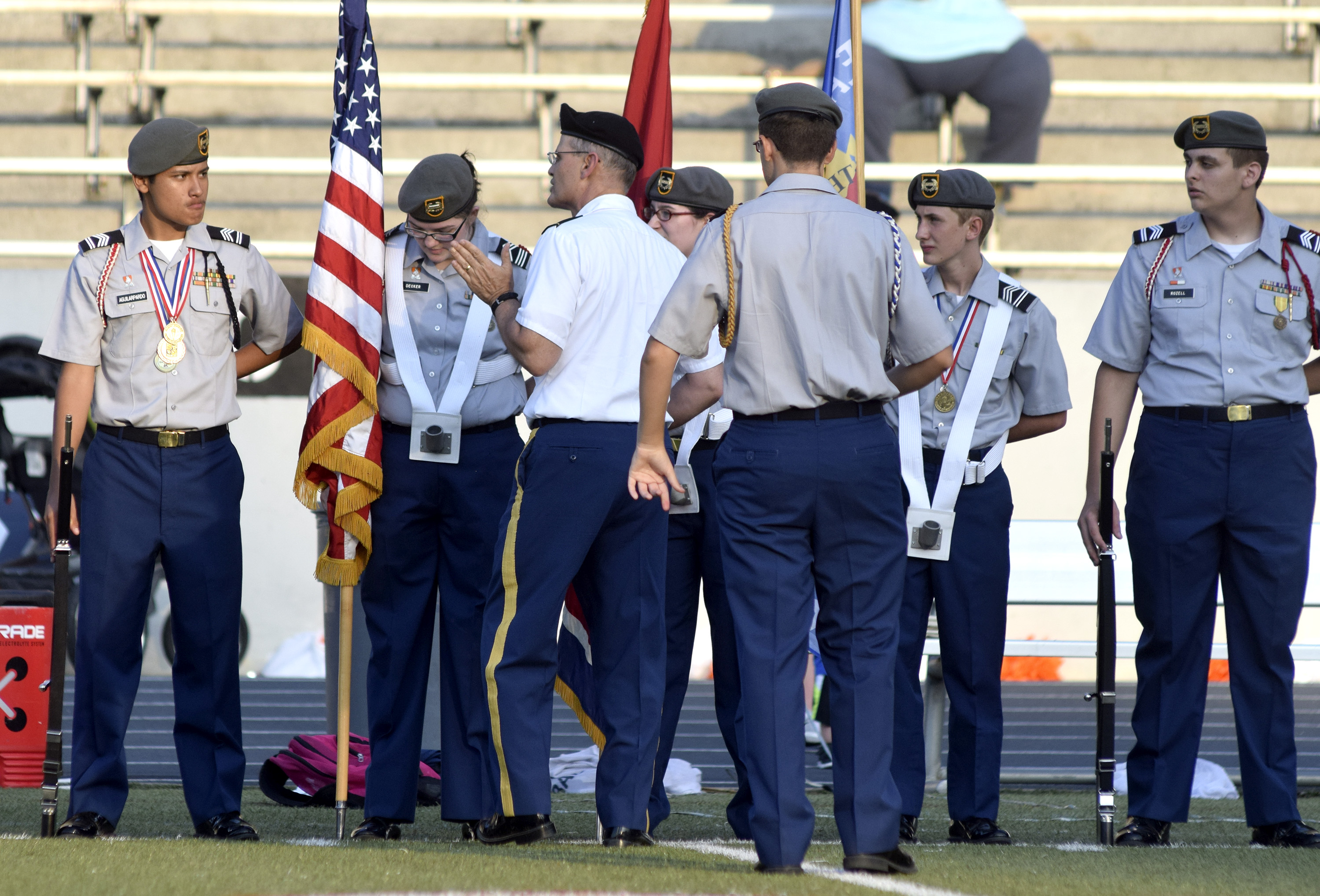 The East Ridge ROTC color guard is given last minute directions before the National Anthem.  The East Ridge Pioneers hosted the Signal Mountain Eagles at Baylor School in TSSAA football action on Friday September 4, 2015.