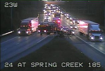 Traffic backs up on I-24 eastbound right at the I-24/I-75 split in Chattanooga because of vehicle fire.