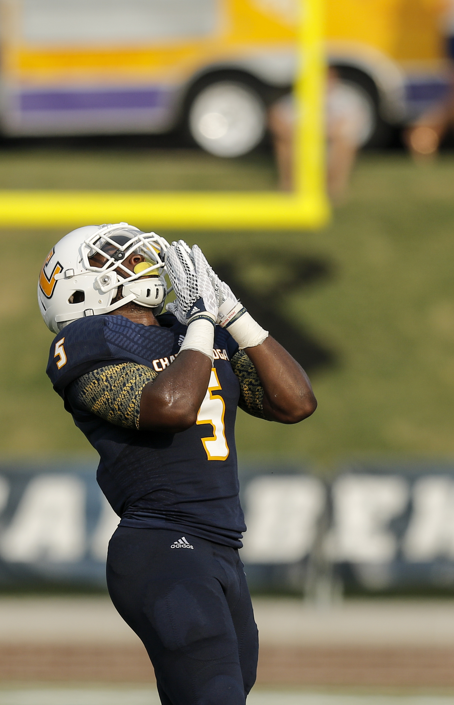UTC linebacker Nakevian Leslie looks to the sky after stopping Jacksonville State on 3rd down during the Mocs' season-opener football game against Jacksonville State at Finley Stadium on Saturday, Sept. 5, 2015, in Chattanooga, Tenn.