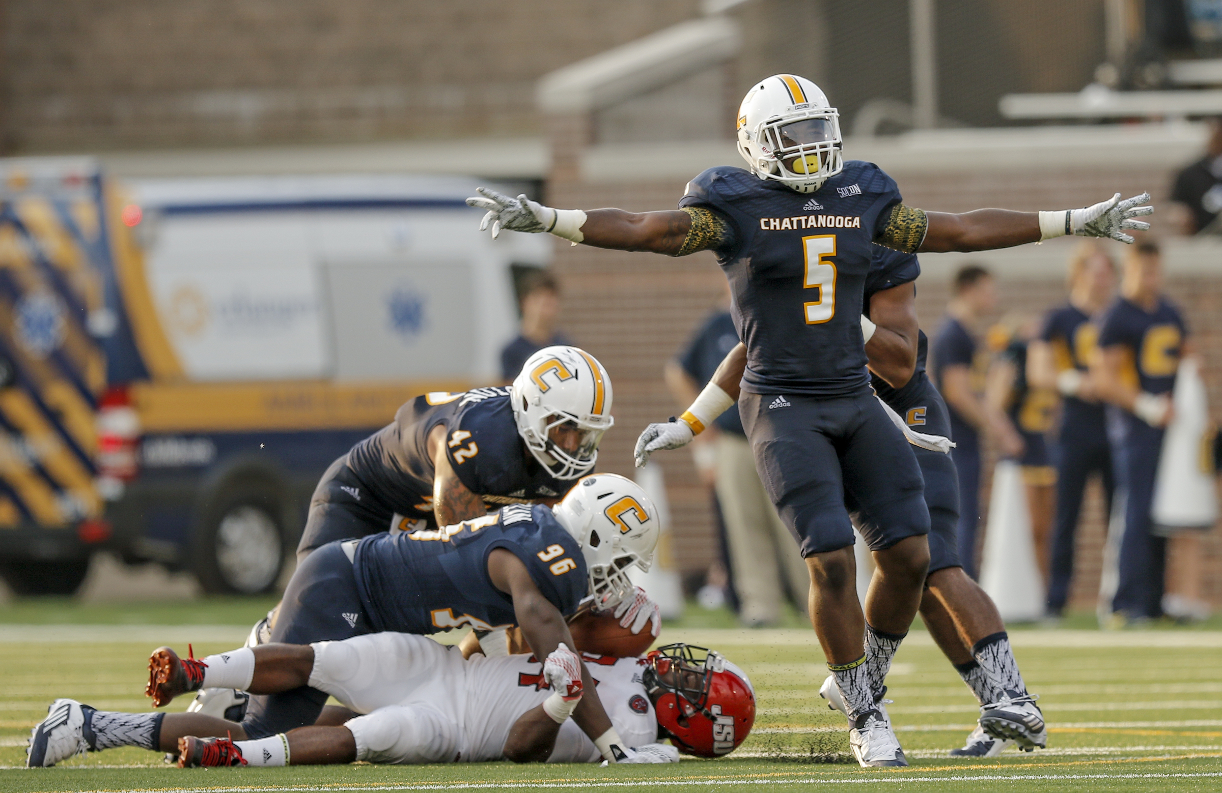 UTC linebacker Nakevian Leslie celebrates a tackle during the Mocs' season-opener football game against Jacksonville State at Finley Stadium on Saturday, Sept. 5, 2015, in Chattanooga, Tenn.