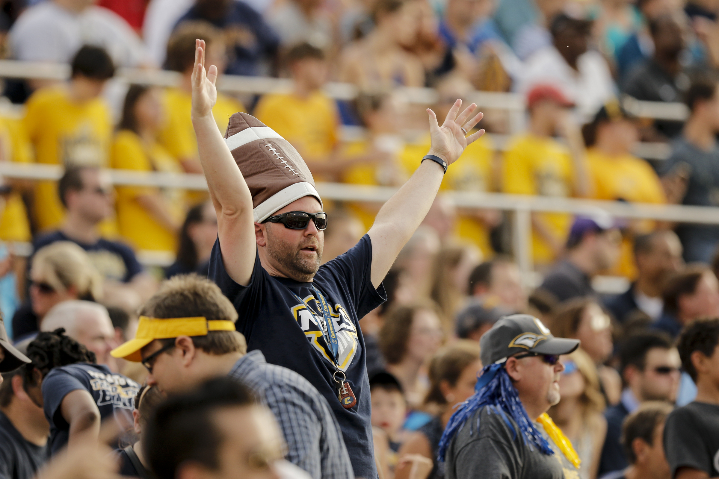 A UTC fan objects to a penalty during the Mocs' season-opener football game against Jacksonville State at Finley Stadium on Saturday, Sept. 5, 2015, in Chattanooga, Tenn.