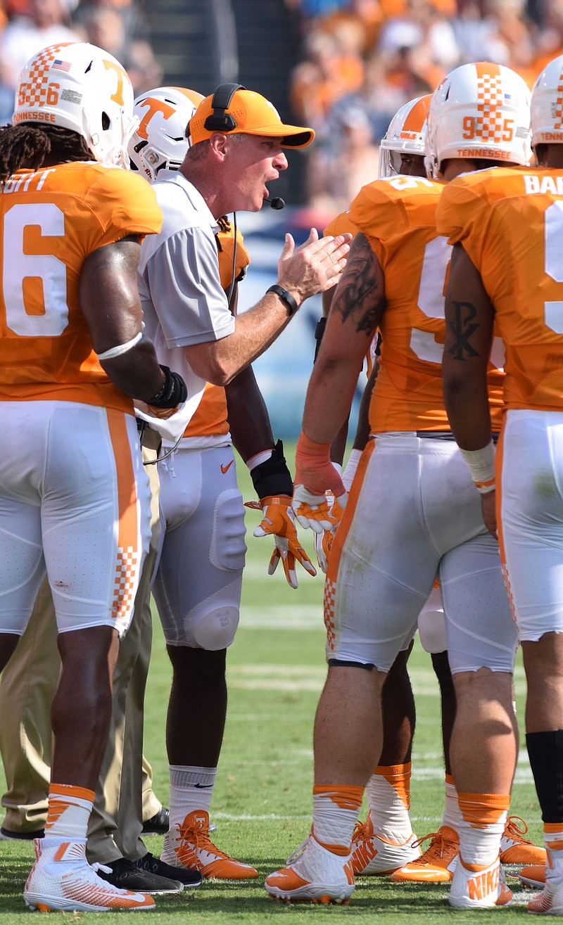 Tennessee defensive coordinator John Jancek encourages a struggling Tennessee defense.  The Tennessee Volunteers hosted the Bowling Green Falcons at Nissan Stadium in Nashville September 5, 2015.