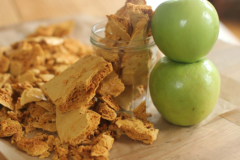 Apples and honeycomb candy, left, add dynamic flavors to the ice cream. above.