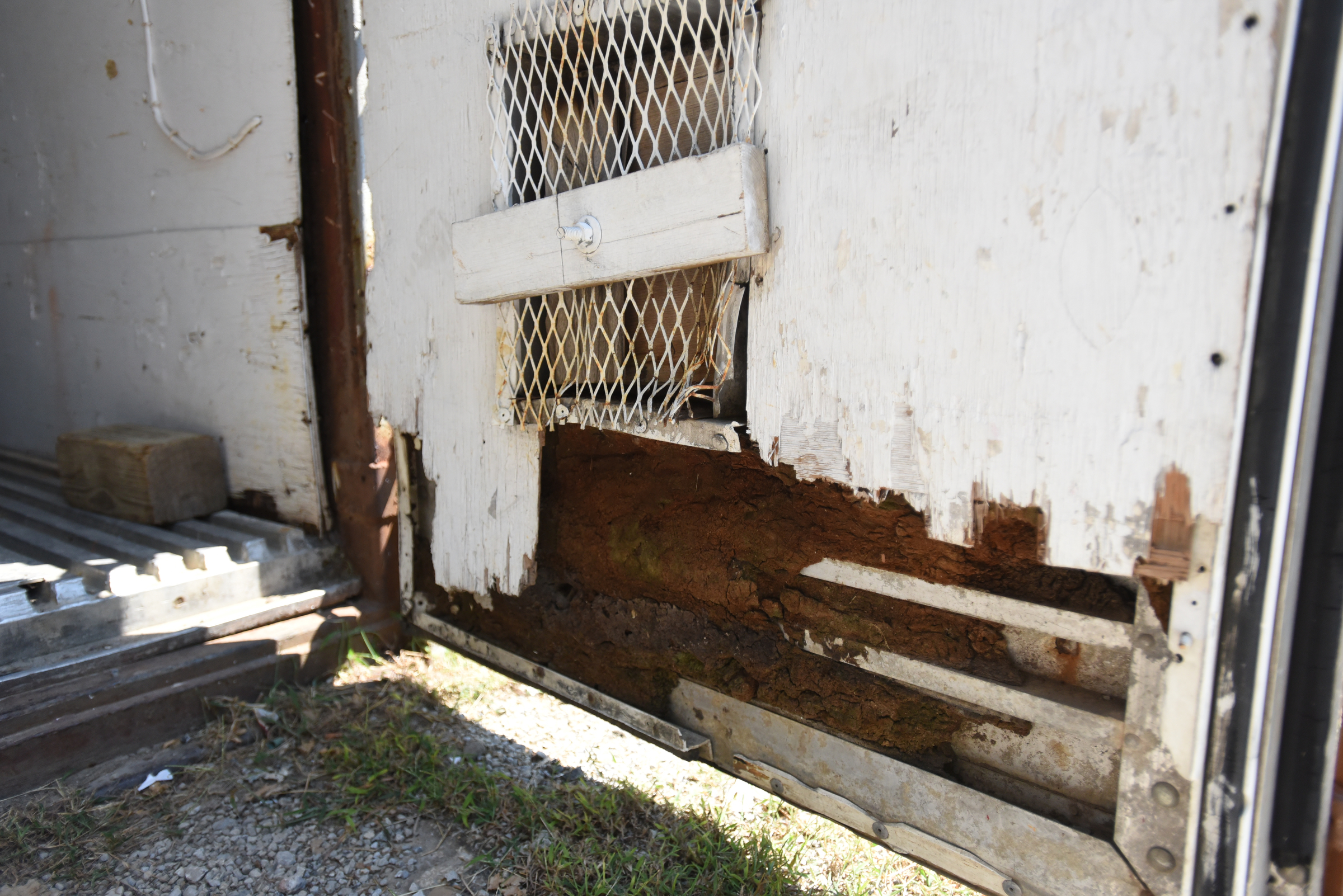 The door to a storage shed shows damage Thursday, September 3, 2015 at the police firing range on Moccasin Bend Road.