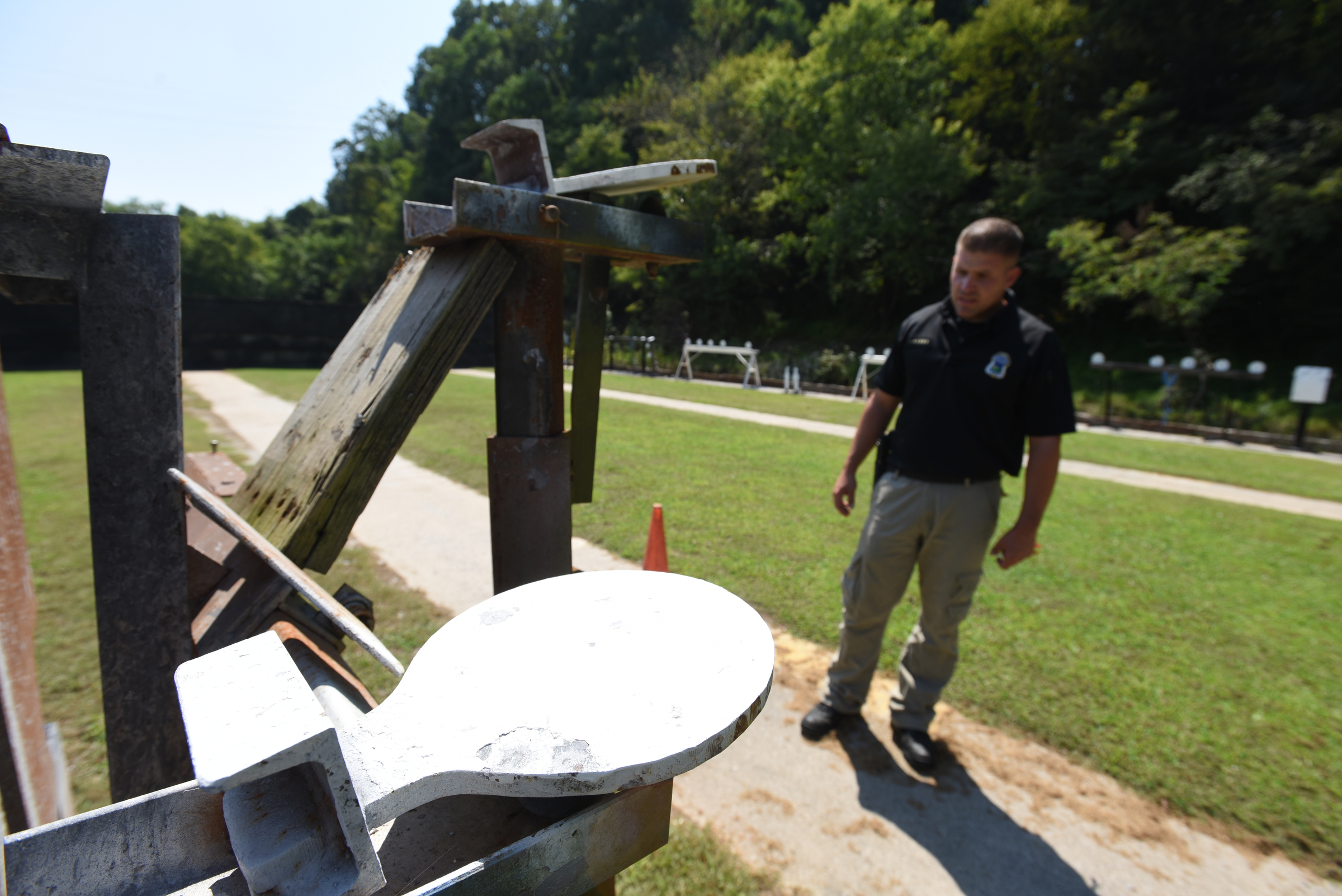 Officer Joe Sabba talks about the poor state of the range Thursday, September 3, 2015 at the police firing range on Moccasin Bend Road.