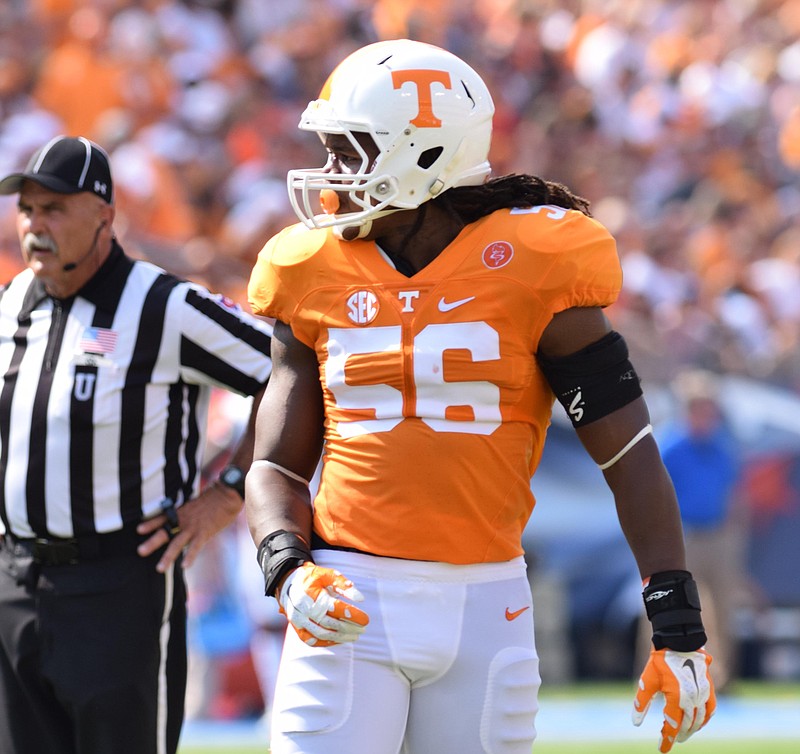 Curt Maggitt (56) plays defense for the Volunteers. The Tennessee Volunteers hosted the Bowling Green Falcons at Nissan Stadium in Nashville Sept. 5, 2015.