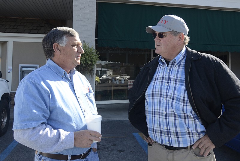 Former City Councilman Earl Gray, left, shown with Jack Goodlet, owner of Park Place Restaurant, says Mayor Lynn Long is making up allegations against him for the November election.