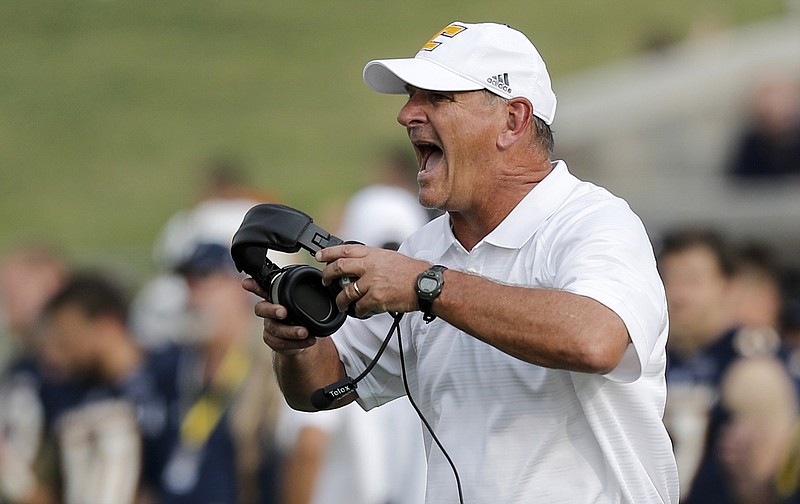 UTC coach Russ Huesman shouts to players during the Mocs' season opener against Jacksonville State this past Saturday at Finley Stadium. The Mocs hosts NCAA Division II member Mars Hill at 1 p.m. Saturday.