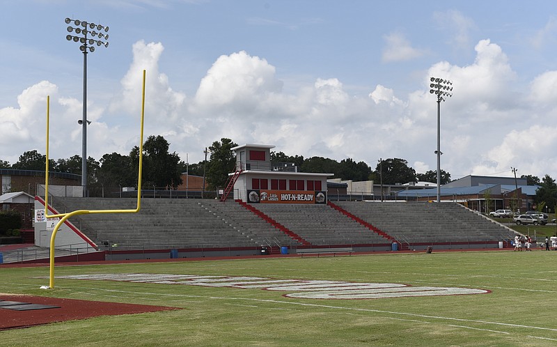 The home bleachers at the Ooltewah High School football field are seen on Wednesday, Sept. 9, 2015, in Chattanooga, Tenn. Hamilton County school officials are going to check concrete bleachers at several area school after the crumbling stadium at East Ridge High School was recently condemned. 