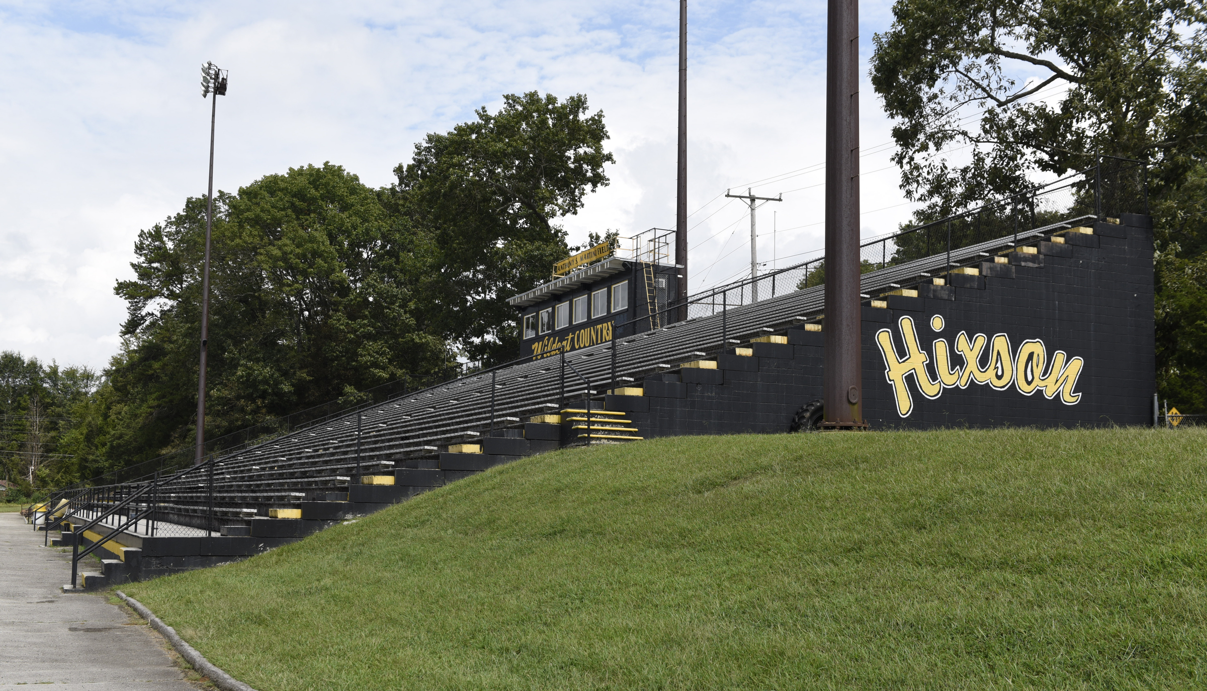 The home bleachers at the Hixson High School football field are seen on Wednesday, Sept. 9, 2015, in Chattanooga, Tenn. Hamilton County school officials are going to check concrete bleachers at several area school after the crumbling stadium at East Ridge High School was recently condemned.