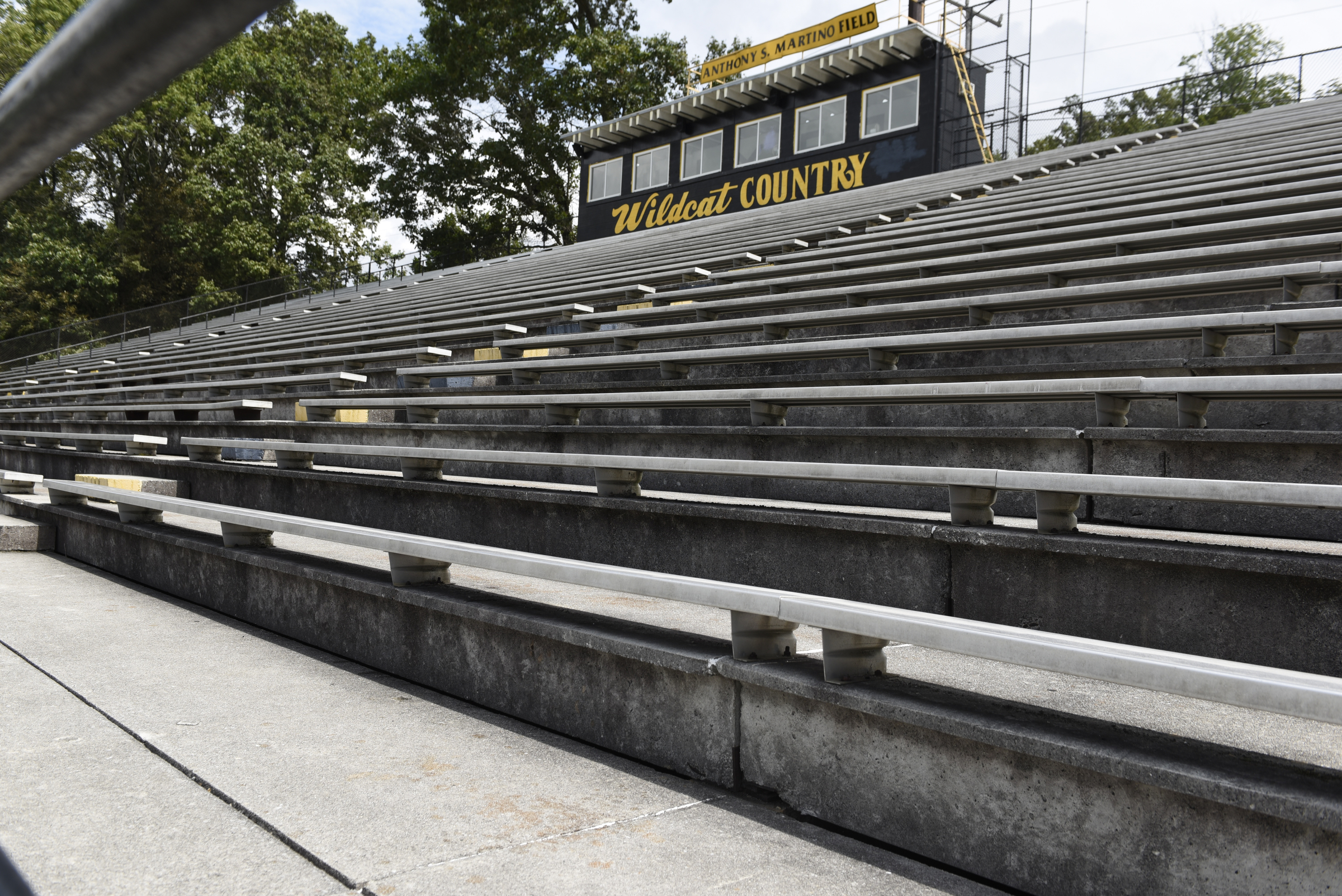 The home bleachers at the Hixson High School football field are seen on Wednesday, Sept. 9, 2015, in Chattanooga, Tenn. Hamilton County school officials are going to check concrete bleachers at several area school after the crumbling stadium at East Ridge High School was recently condemned.