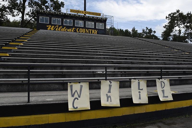The home bleachers at the Hixson High School football field are seen on Wednesday, Sept. 9, 2015, in Chattanooga, Tenn. Hamilton County school officials are going to check concrete bleachers at several area school after the crumbling stadium at East Ridge High School was recently condemned. 