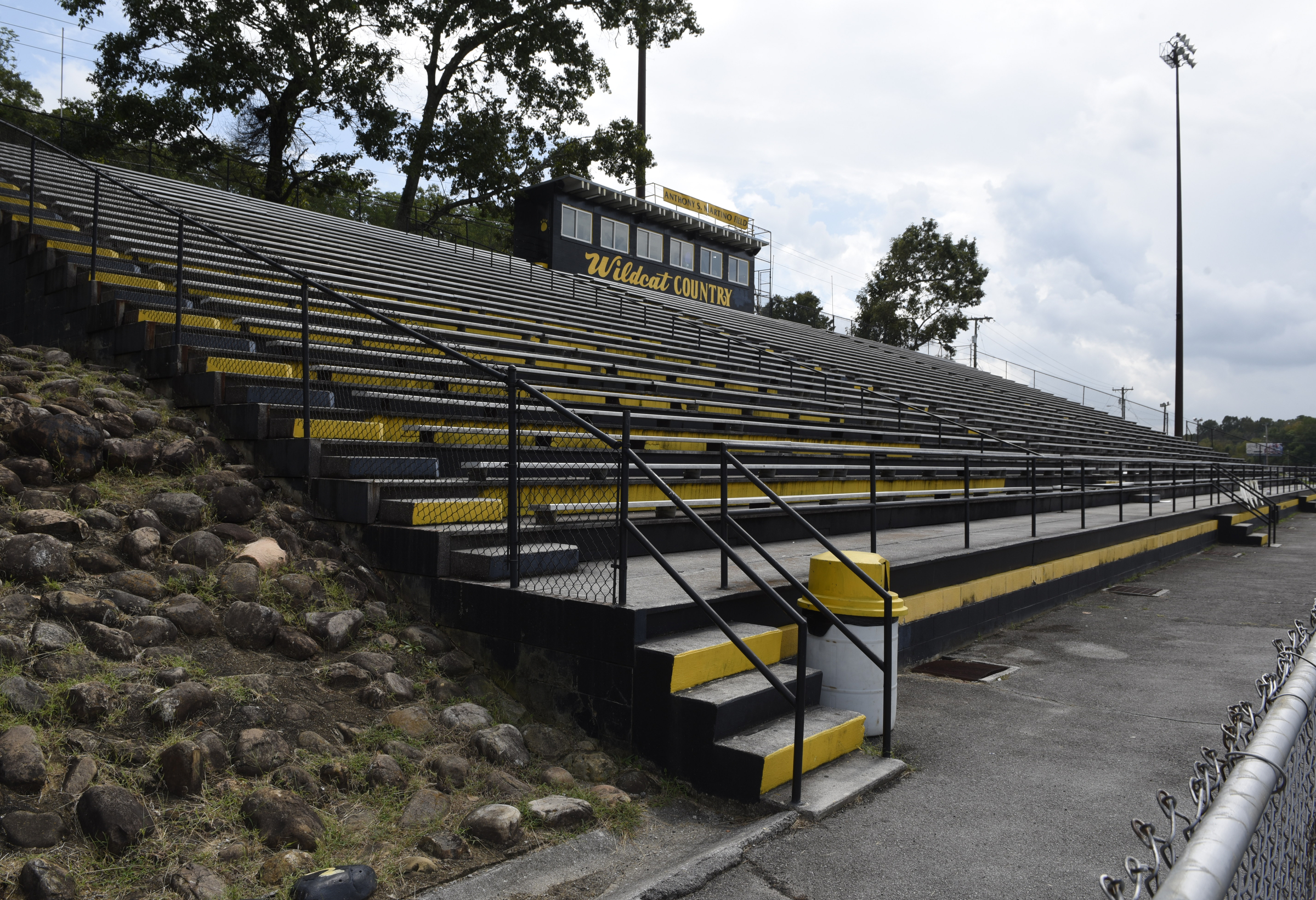 The home bleachers at the Hixson High School football field are seen on Wednesday, Sept. 9, 2015, in Chattanooga, Tenn. Hamilton County school officials are going to check concrete bleachers at several area school after the crumbling stadium at East Ridge High School was recently condemned.