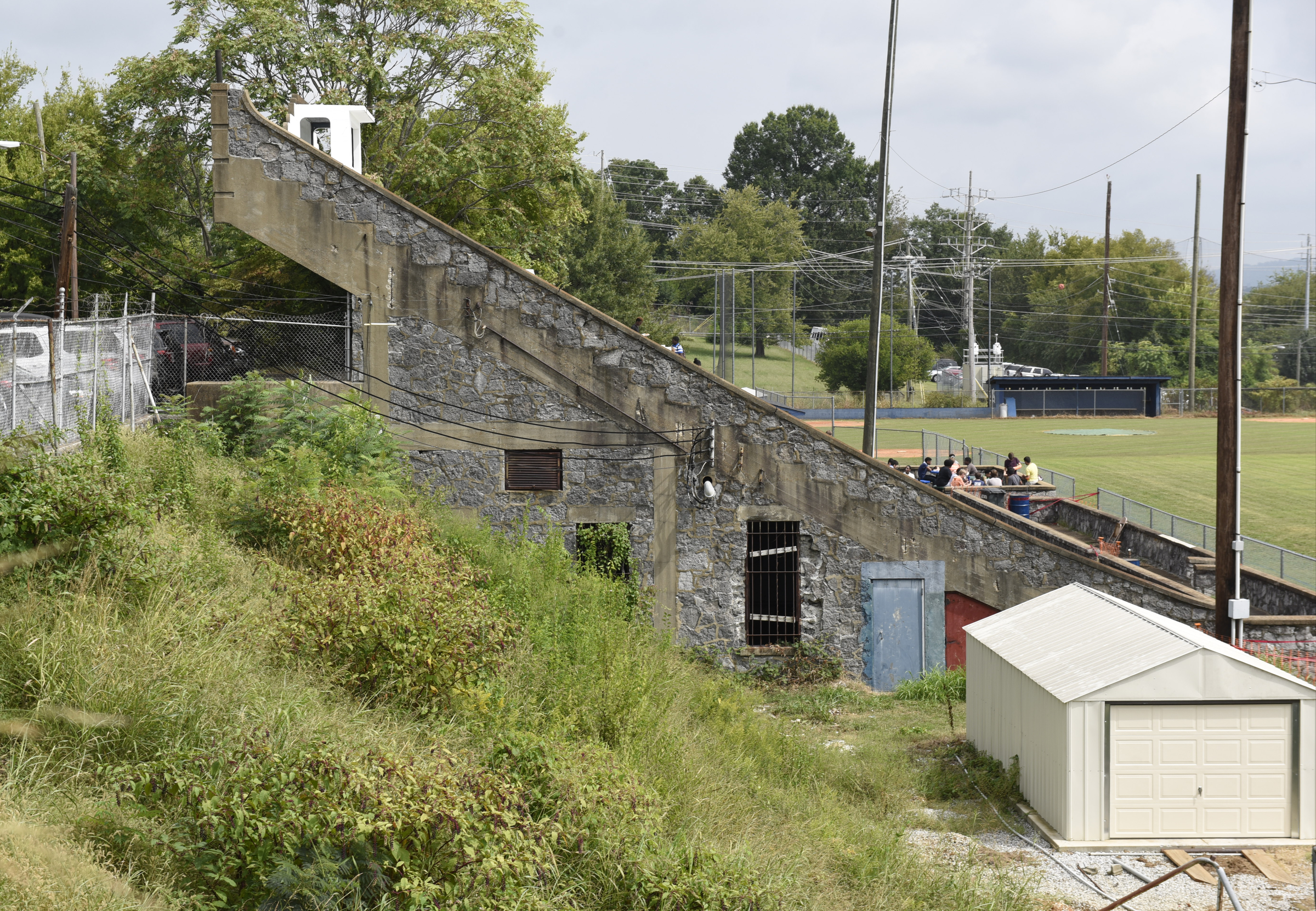 The bleachers at the soccer field for the Chattanooga School for the Arts and Sciences are seen Wednesday, Sept. 9, 2015, in Chattanooga, Tenn. Hamilton County school officials are going to check concrete bleachers at several area school after the crumbling stadium at East Ridge High School was recently condemned. The bleachers at CSAS were built for the football field at the old City High School, and are the oldest in Hamilton County.