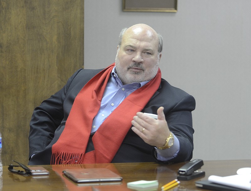 Chairman Allan Jones speaks during a sales team meeting Thursday at Hardwick Clothes in Cleveland, Tenn.