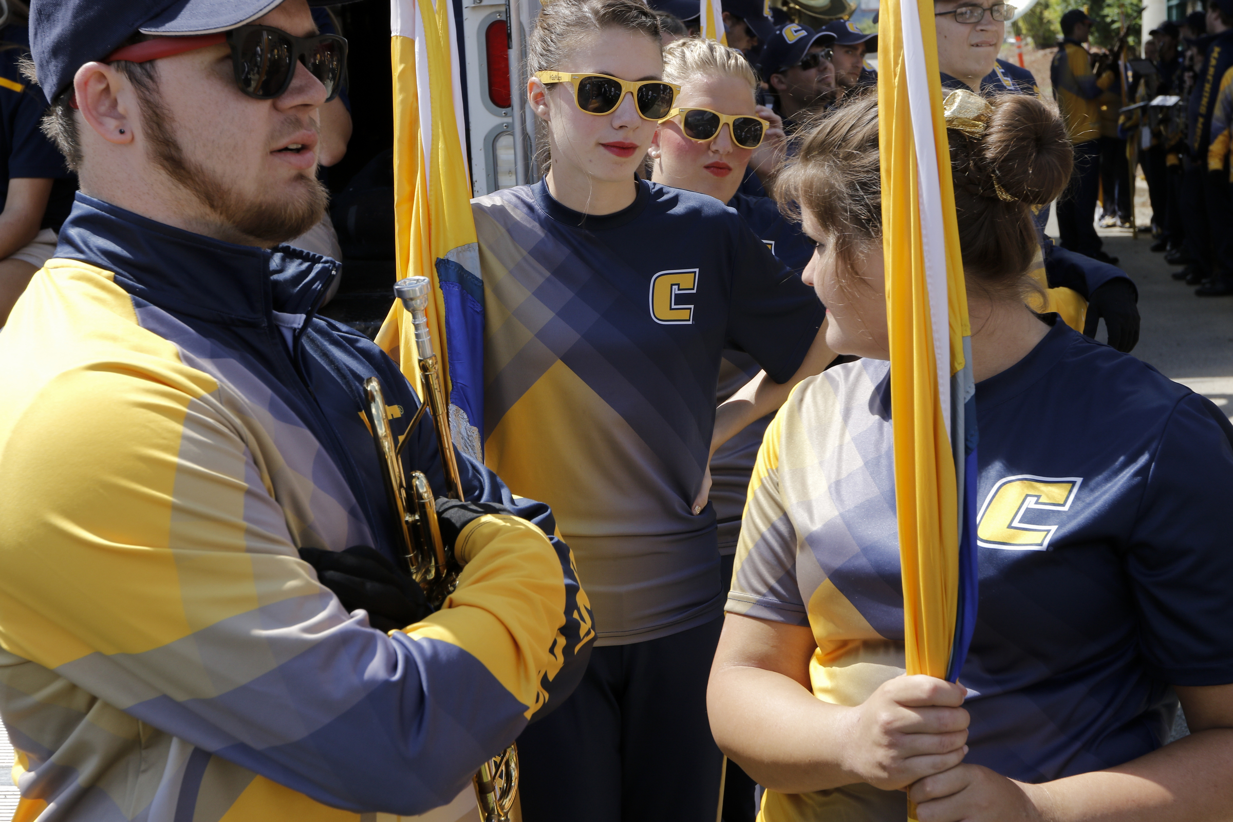 UTC band members wait to take the field before the Mocs' football game against the Mars Hill Lions at Finley Stadium on Saturday, Sept. 12, 2015, in Chattanooga, Tenn. UTC won 44-34.