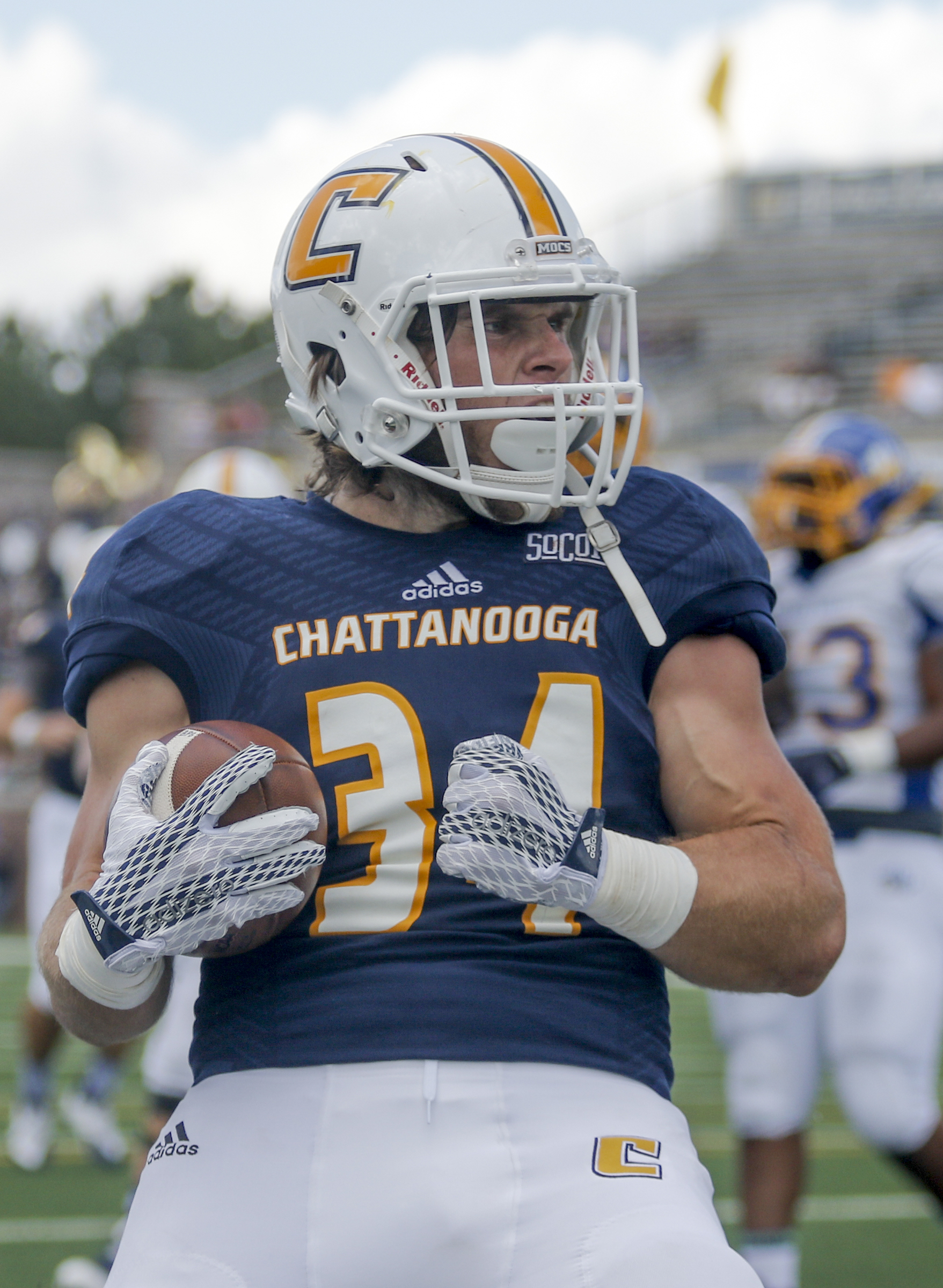 UTC running back Derrick Craine celebrates a touchdown during the Mocs' football game against the Lions at Finley Stadium on Saturday, Sept. 12, 2015, in Chattanooga, Tenn. UTC won 44-34.