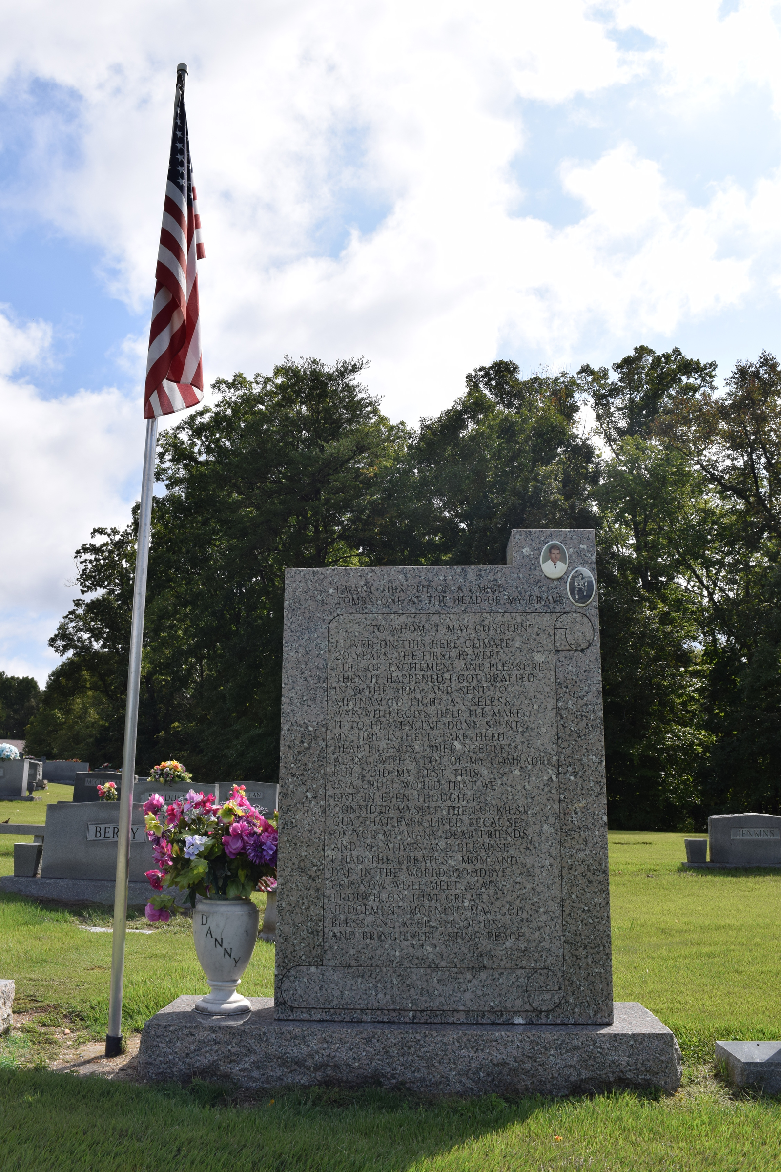 At Shady Grove Cemetery in Monroe County, Tenn., Danny R. Roberts, who was killed in Vietnam War in 1970, leaves his burning last words for all to read. The Tennessee Overhill Heritage Association in Etowah, Tenn., is conducting a study of odd and unusual graves in McMinn, Monroe and Polk counties.