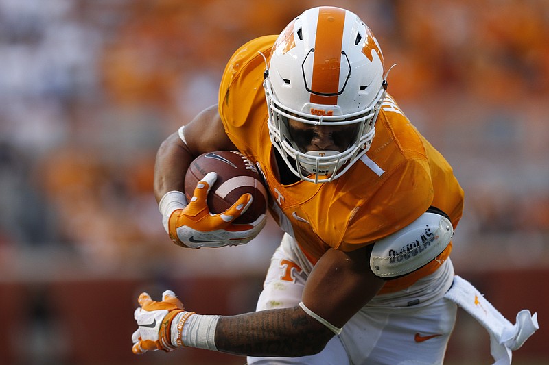 
UT's Jalen Hurd (1) gains yardage against Oklahoma during the first half of play Saturday. The Volunteers played the Sooner's at home on September 12, 2015 at Neyland Stadium in Knoxville, Tennessee. 