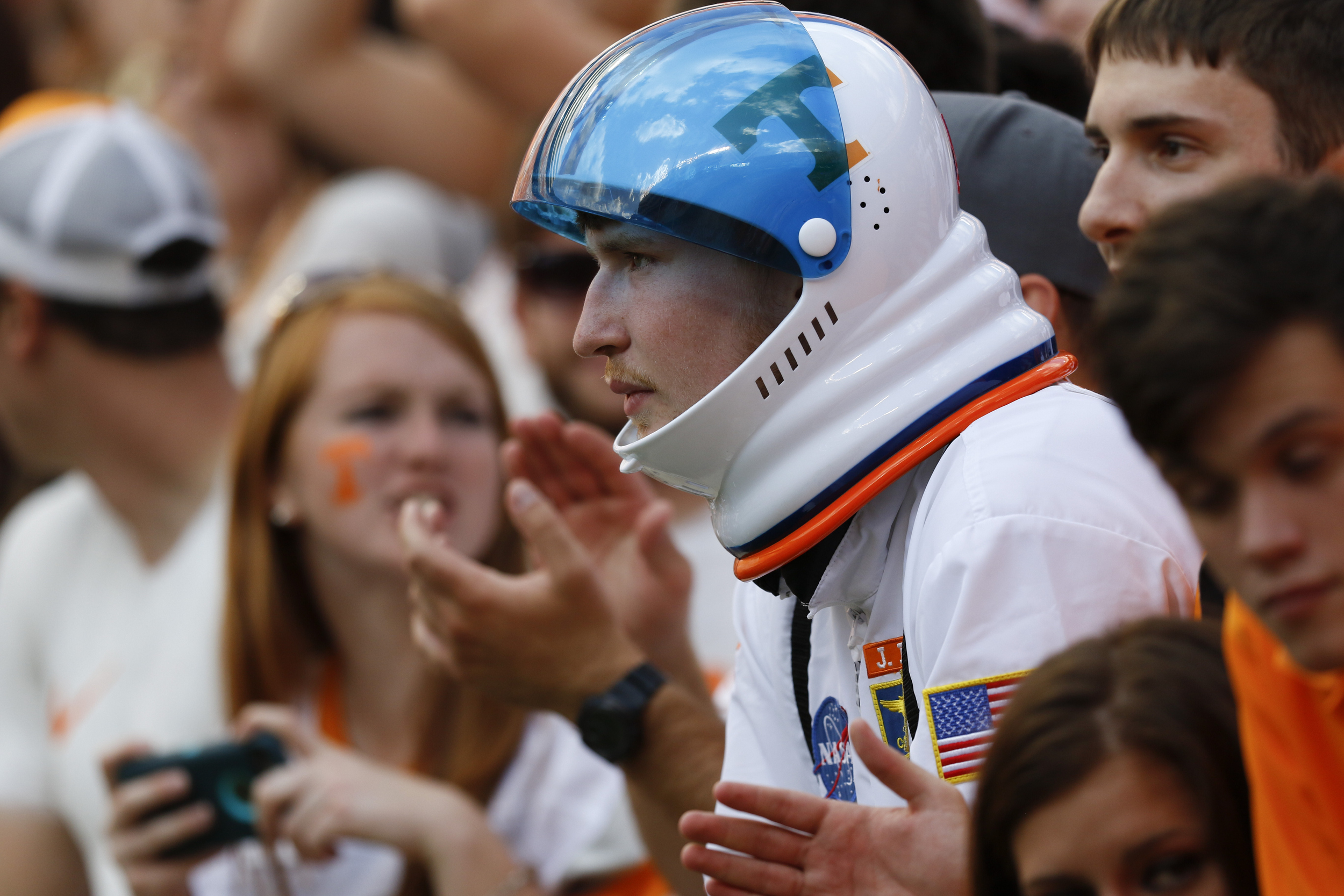 UT freshman James Mainland intensely watches his team play Oklahoma during the first half of play Saturday. The Volunteers played the Sooner's at home on September 12, 2015 at Neyland Stadium in Knoxville, Tennessee.