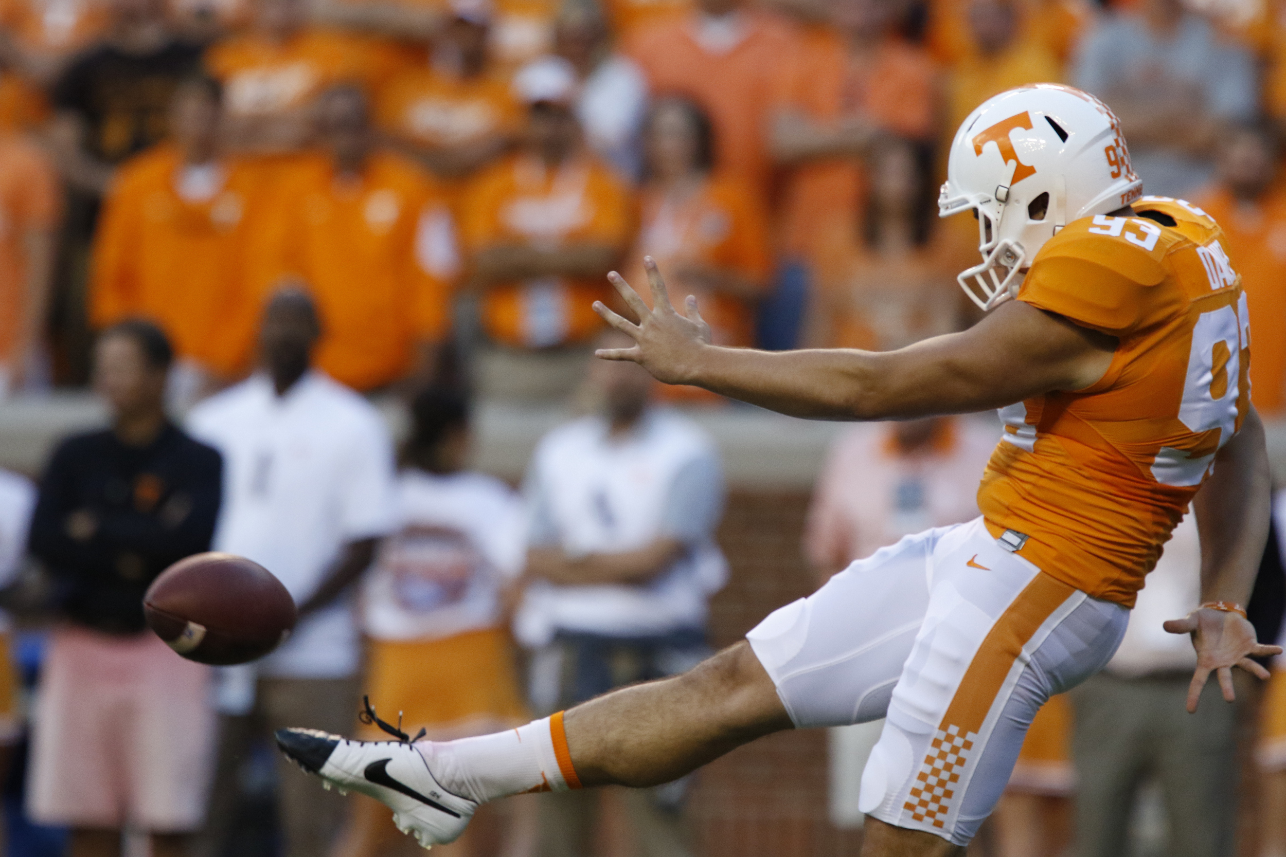 UT's Trevor Daniel (93) kicks the ball to Oklahoma during the first half of play Saturday. The Volunteers played the Sooner's at home on September 12, 2015 at Neyland Stadium in Knoxville, Tennessee.