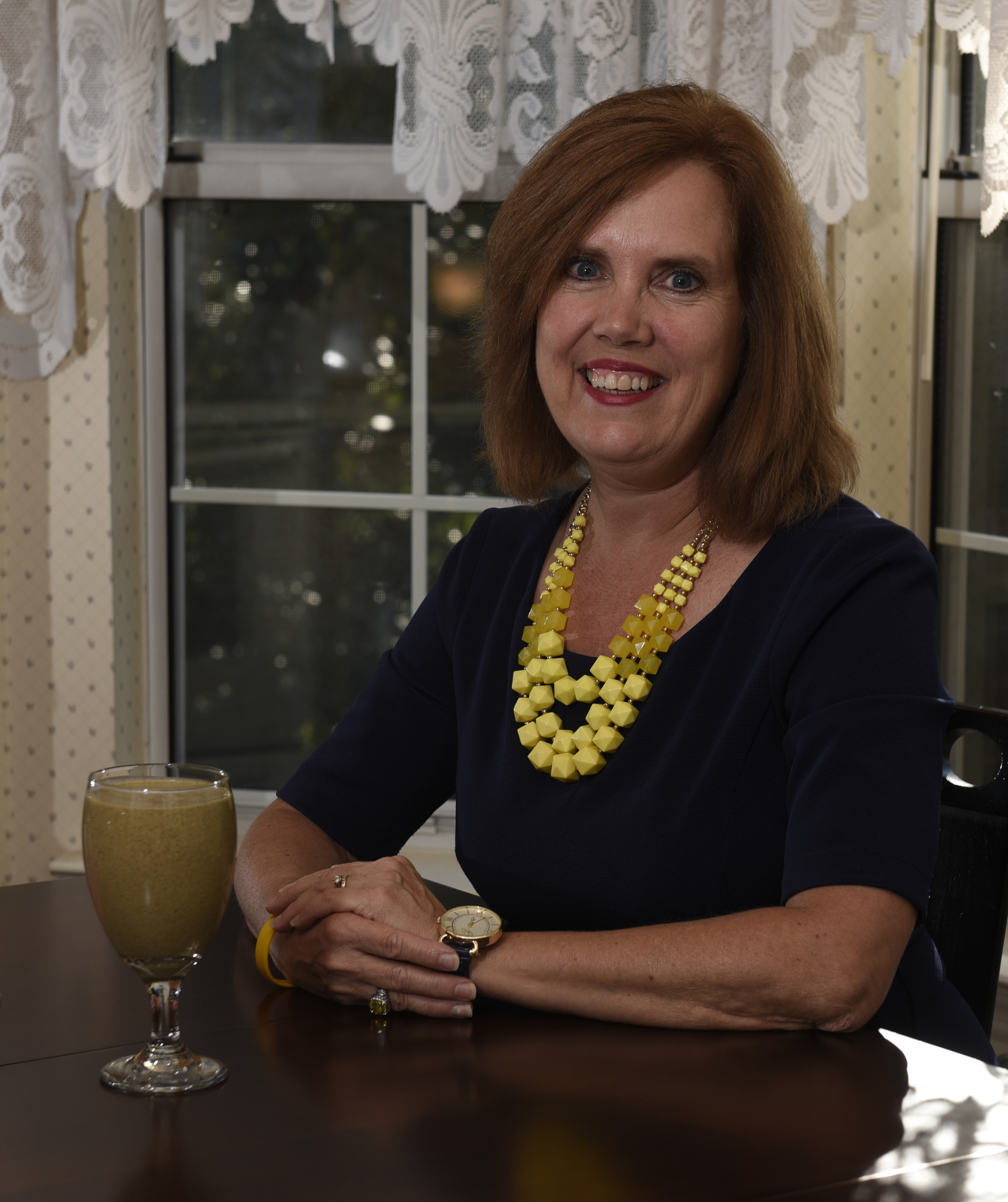 Sharon Thomas made this smoothie using strawberry, banana, peanut butter, chia seed, flax seed, water and a kale medley, photographed in her home in the East Brainerd community on Sunday, Sept. 13, 2015, in Chattanooga, Tenn.