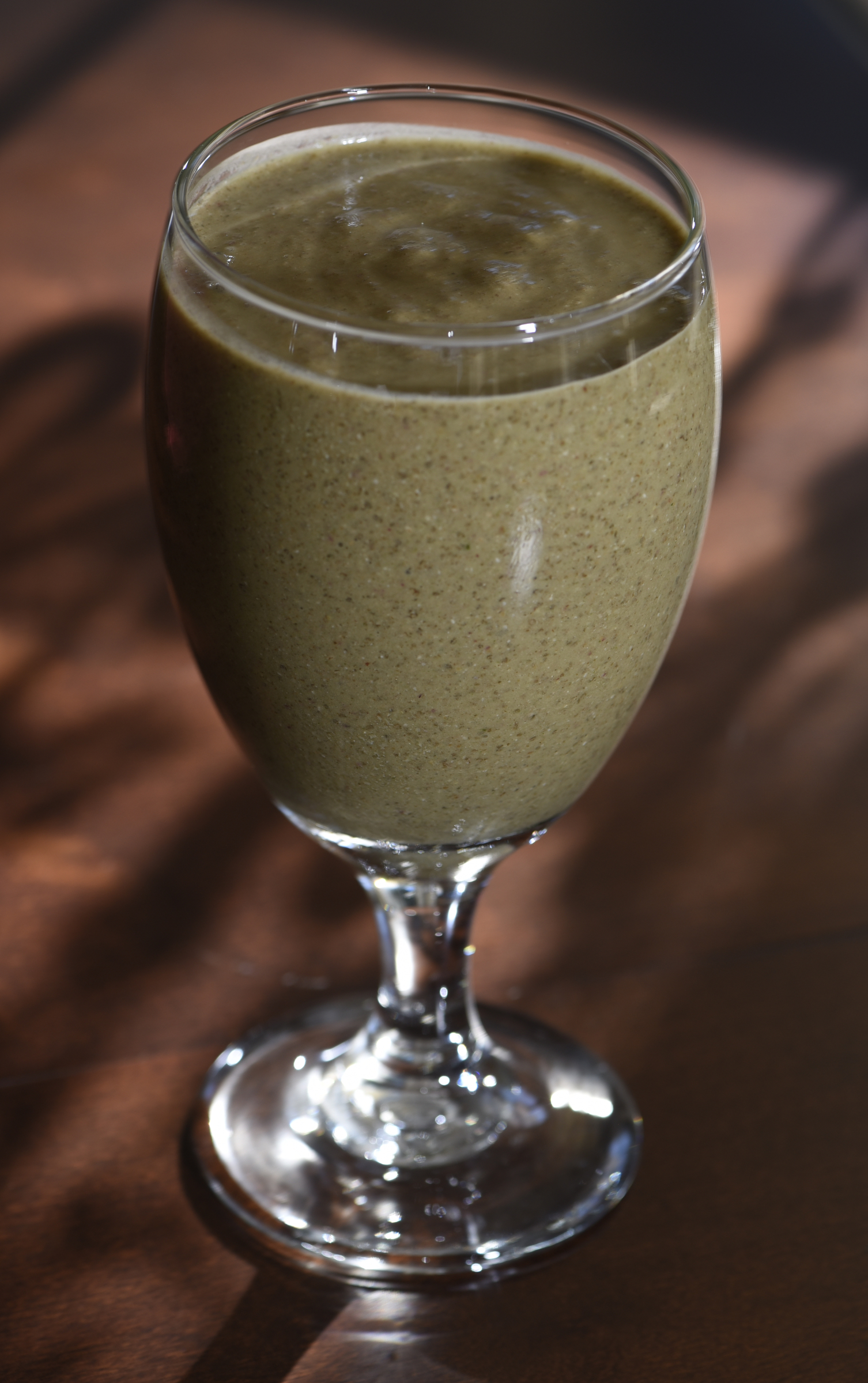 Sharon Thomas made this smoothie using strawberry, banana, peanut butter, chia seed, flax seed, water and a kale medley, photographed in her home in the East Brainerd community on Sunday, Sept. 13, 2015, in Chattanooga, Tenn.