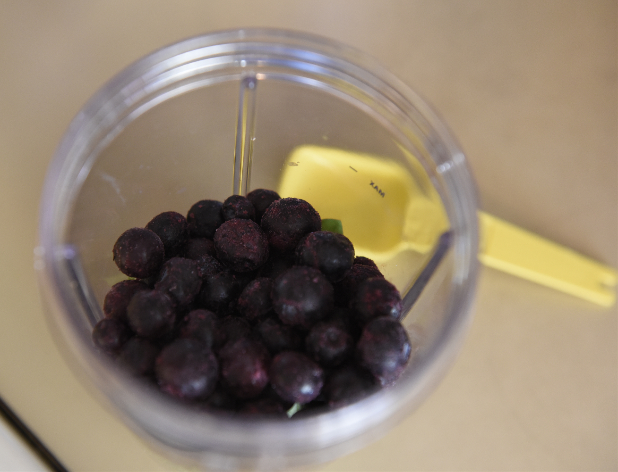 A layer of blueberries is seen in a blender as Sharon Thomas makes a smoothie in her home in the East Brainerd community on Sunday, Sept. 13, 2015, in Chattanooga, Tenn.