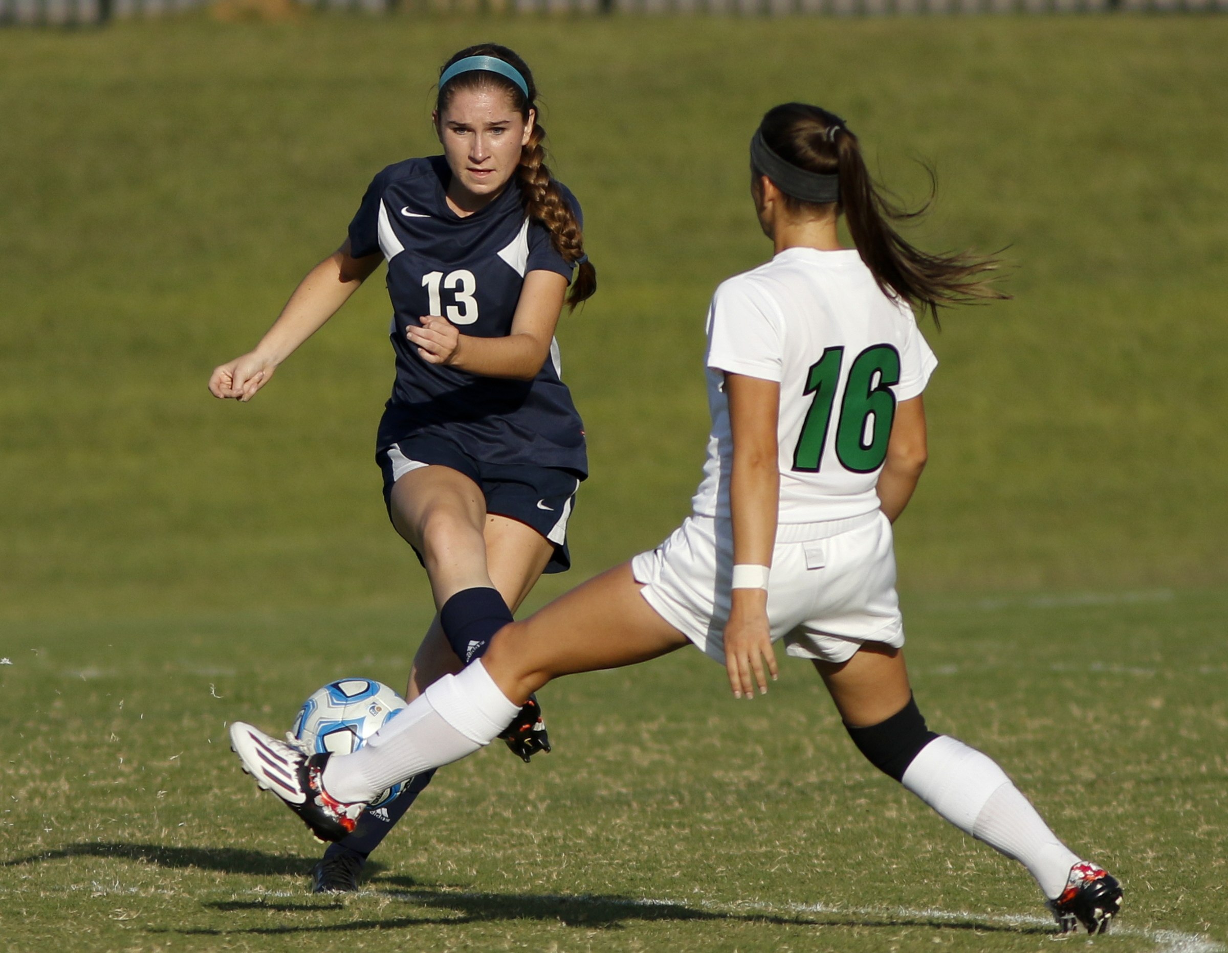 East Hamilton's Meghan Gallups, right, stops a pass by Soddy-Daisy's Whitney Richardson during their prep soccer match Tuesday, Sept. 15, 2015, at East Hamilton High School in Chattanooga, Tenn.