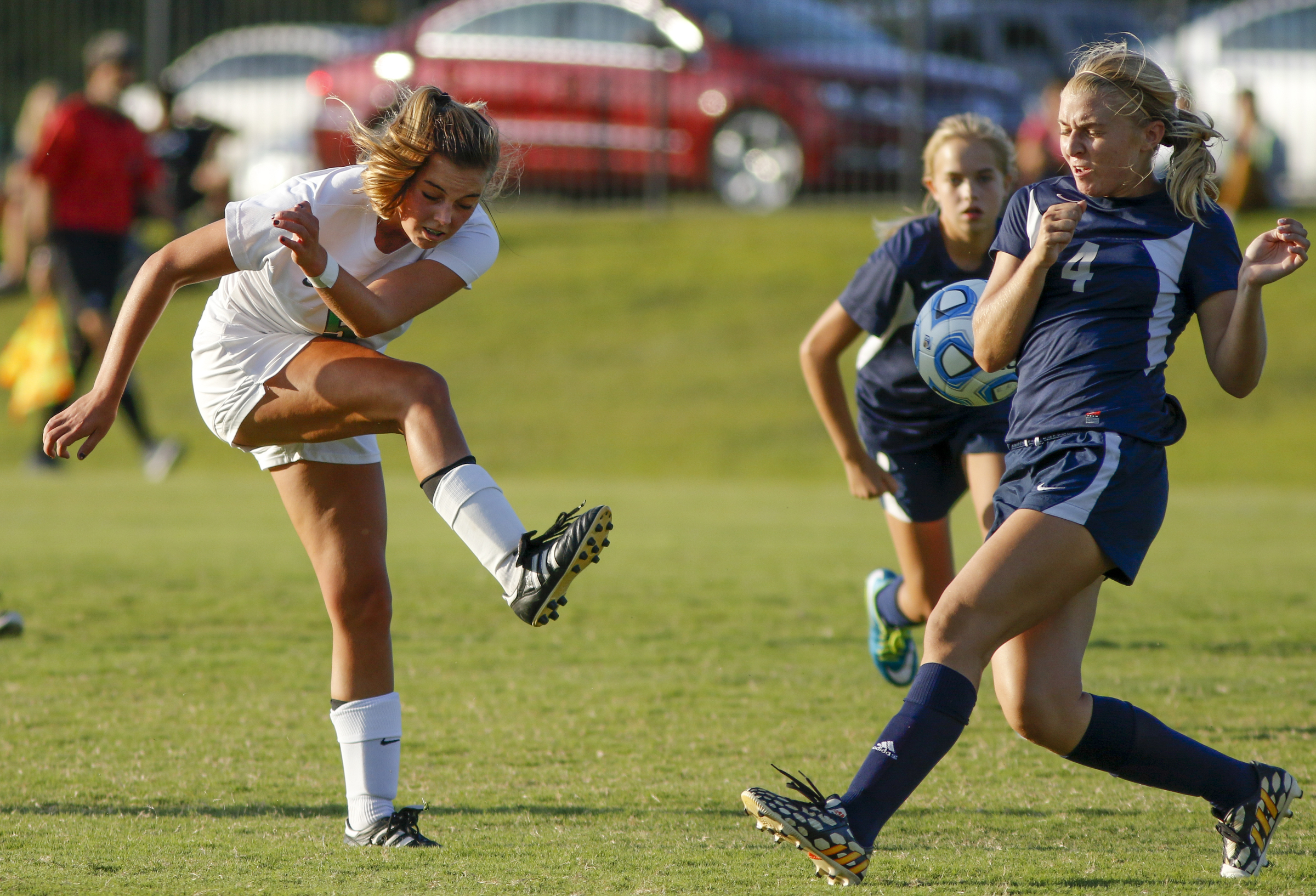 East Hamilton player Juli Kaset's shot on the goal deflects off of Soddy-Daisy player Alyssa Scarpelli, right, during their prep soccer match Tuesday, Sept. 15, 2015, at East Hamilton High School in Chattanooga, Tenn.