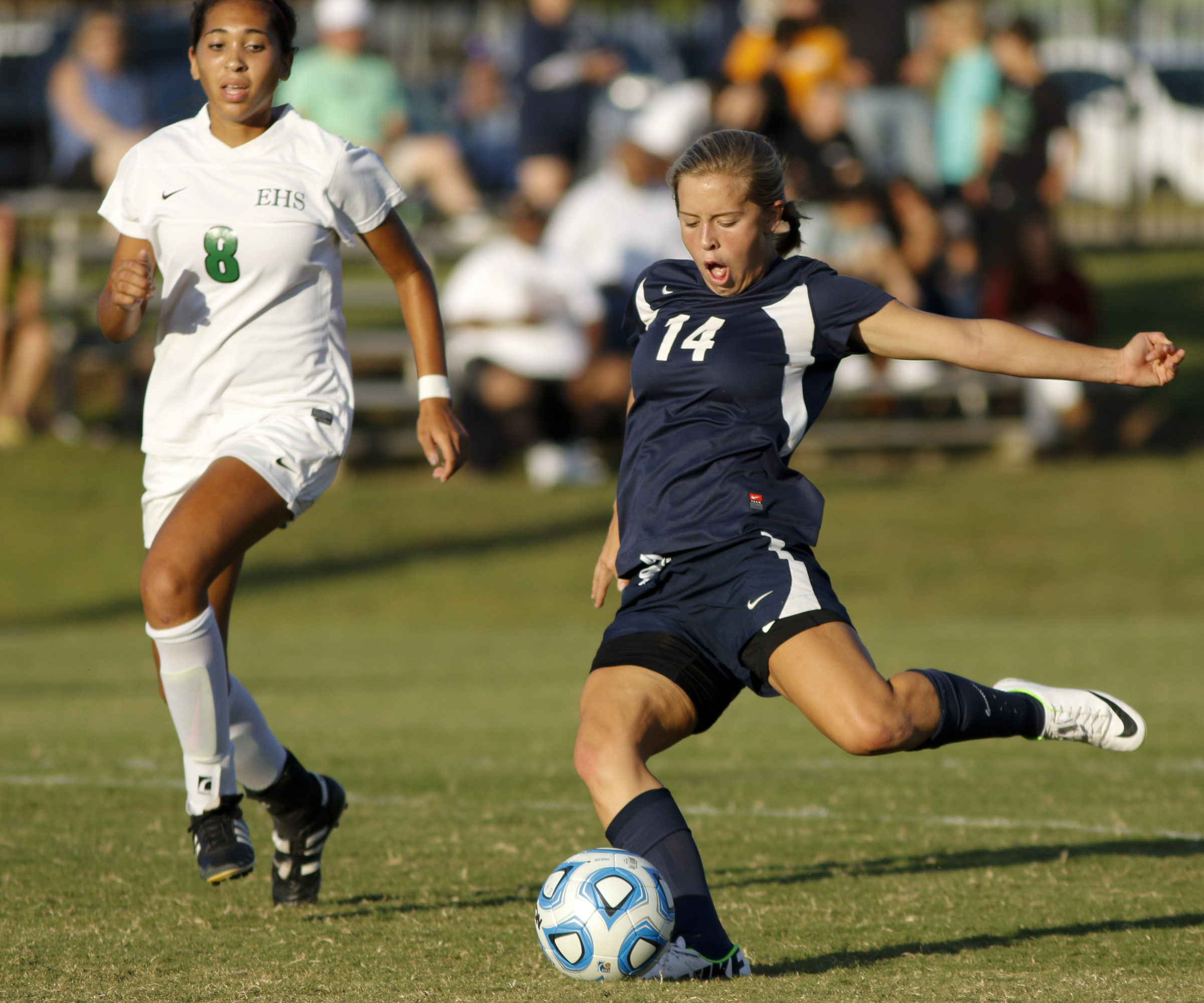Soddy-Daisy's Anna Lanter, right, takes a shot on the goal ahead of East Hamilton's Kelsey Jones during their prep soccer match Tuesday, Sept. 15, 2015, at East Hamilton High School in Chattanooga, Tenn.