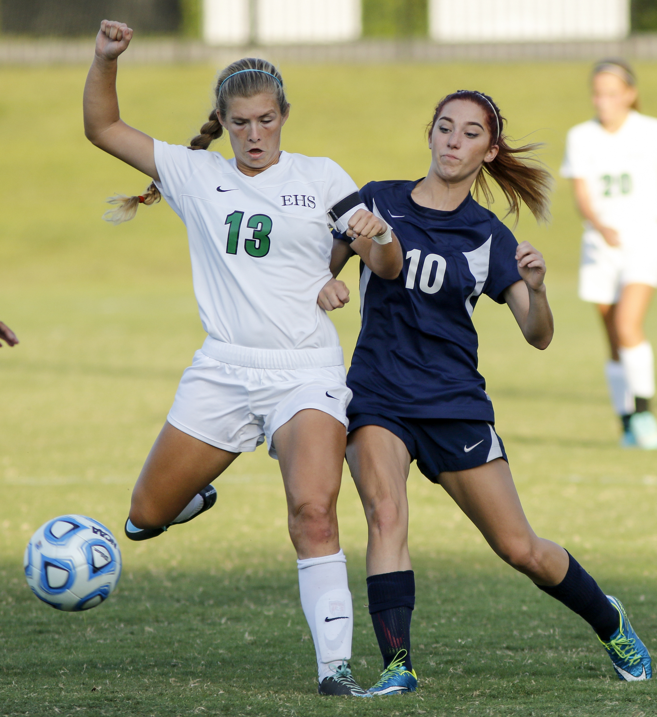 East Hamilton's Camryn Harris, left, breaks up Soddy-Daisy player Jordan Lyons's run on the goal during their prep soccer match Tuesday, Sept. 15, 2015, at East Hamilton High School in Chattanooga, Tenn.