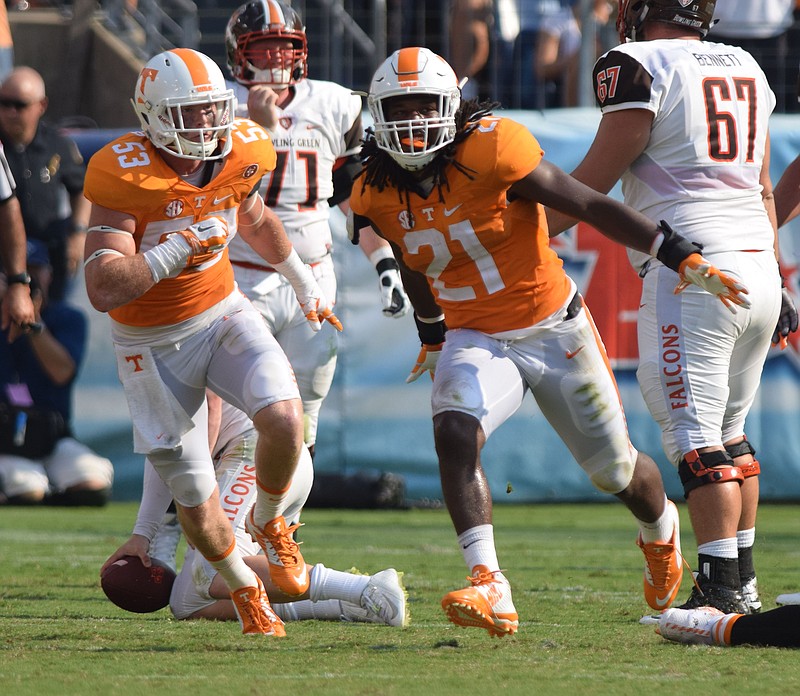 Tennessee linebacker Jalen Reeves-Maybin celebrates his sack of Bowling Green quarterback Matt Johnson during the Volunteers' season-opening victory in Nashville earlier this month. In last week's double-overtime loss to Oklahoma, Johnson became the first Tennessee player since 2012 to record 20 or more tackles in a game.